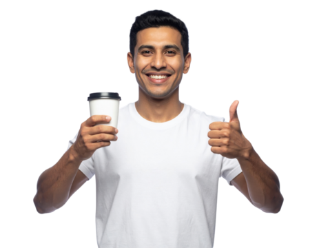 A smiling man in a white shirt holds a coffee cup in one hand and gives a thumbs-up with the other.