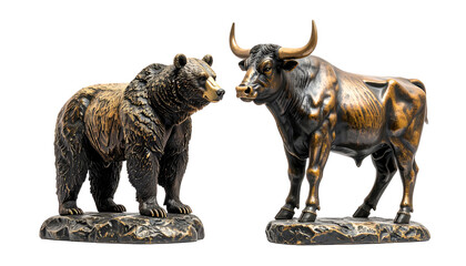 Two detailed animal sculptures: a bear and a bull, showcasing intricate designs and textures in a striking pose.