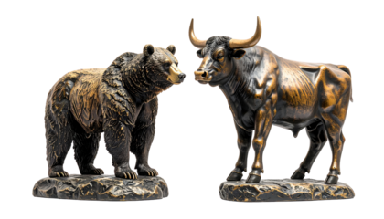 Two detailed animal sculptures: a bear and a bull, showcasing intricate designs and textures in a striking pose.