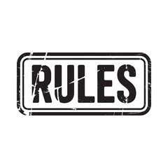 Distressed black stamp with the word rules isolated on white background