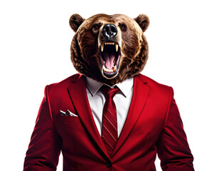 A bear's head is superimposed on a suited figure, creating a striking and unusual fusion of human attire with wild animal characteristics.