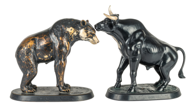 A detailed sculpture of a bear and a bull facing each other, symbolizing market trends in finance and investment.