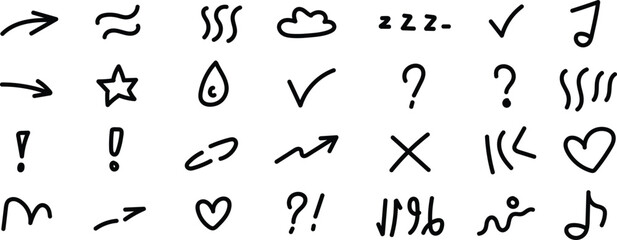Creative doodle collection with arrows hearts checkmarks music notes and decorative symbols