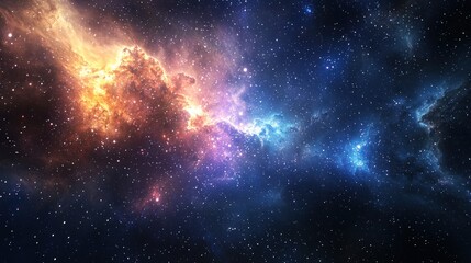 Fototapeta premium A vast, colorful nebula with stars and gas clouds in the background, with a bright orange and blue nebula in the foreground.