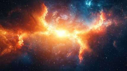 Fototapeta premium A vibrant, colorful nebula with orange and blue hues, surrounded by stars and gas clouds, set against a dark, starry backdrop.