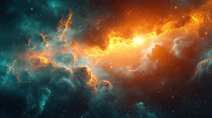 Obraz premium A vibrant, colorful nebula with orange and teal hues, surrounded by stars and gas clouds, set against a dark, starry backdrop.