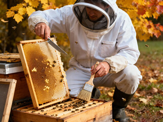 Beekeeper in protective suit inspecting honeycomb frame full of bees in autumn forest with golden leaves, holding brush and hive tool while harvesting fresh honey outdoors