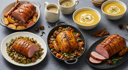 Festive Feast of Roasted Meats and Seasonal Soups.