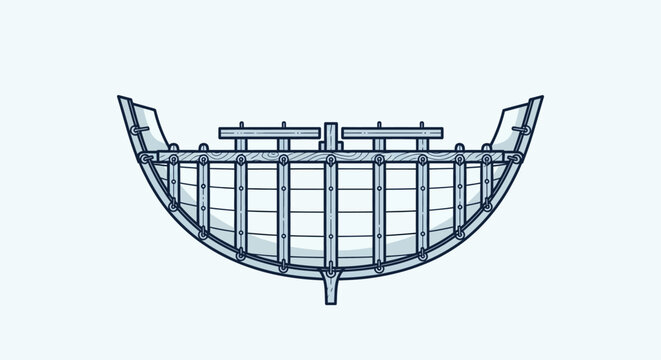 Detailed line art illustration of a wooden boat hull cross-section.