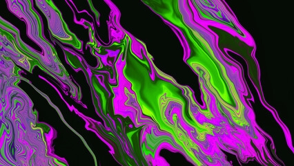 Neon green pink purple liquid swirl line on black background. Abstract defocused wave. Glitch Art trippy digital screen. Backdrop. banner. Template. Trippy texture. VR. metaverse. Tech luxury card.