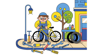 Illustration of a Bicycle Mechanic Repairing a Bike on the Street.