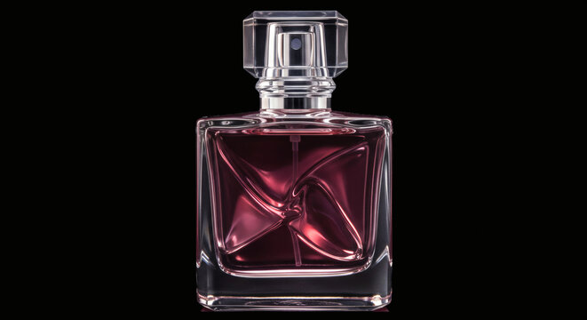 Elegant glass perfume bottle with rich red liquid and sparkling crystal cap, exuding luxury and sophistication.