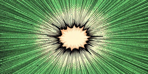 Dynamic green background features a central burst effect with radiating lines and textured shading.