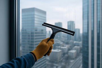 Hand in glove cleaning office window with squeegee. Modern city view, concept of maintenance, hygiene, and professional cleaning service.