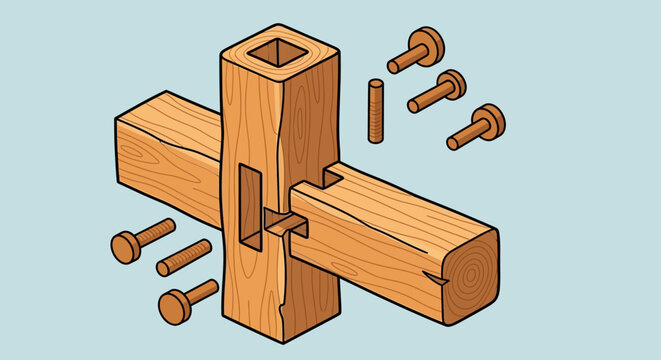 Mortise and Tenon Joint Illustration with Pegs and Screws.