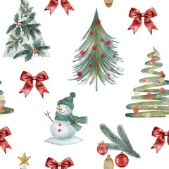 Seamless watercolor pattern with Christmas ribbons, snowmen, and Christmas trees on a white background. Hand-painted festive design perfect for wrapping paper, fabric, and holiday decor