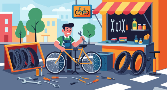 Smiling male mechanic repairing a bicycle in his workshop.