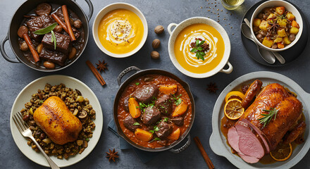 A delicious spread of various dishes including stews soups and roasted meats.