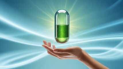 Green Supplement Capsule Glowing Above Hand on a Blue Background