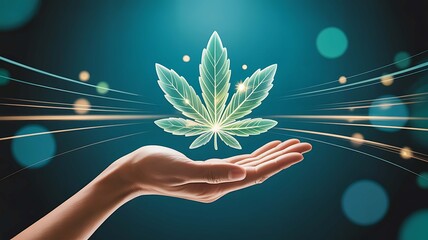 Hand holding glowing hemp leaf with abstract lines and bokeh background
