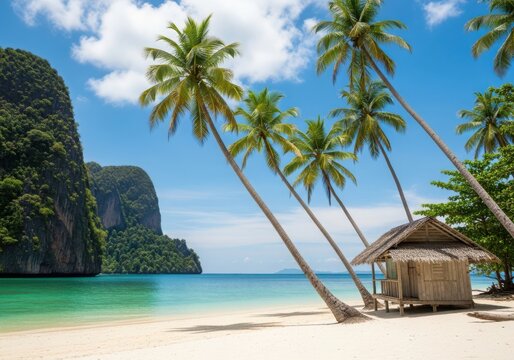 Tropical beach with palm trees and a small hut on a sunny day with clear blue water and sky