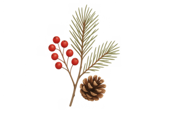 Pine branch with red berries and a pinecone, watercolor illustration, isolated on transparent background for winter design