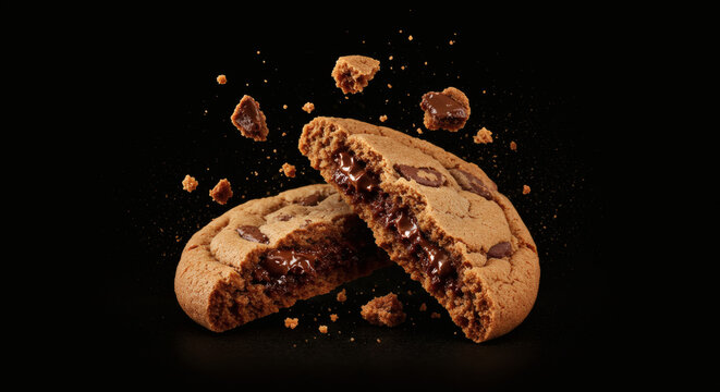 Melted chocolate chip cookie breaks apart, revealing gooey center, perfect for indulgence and cravings