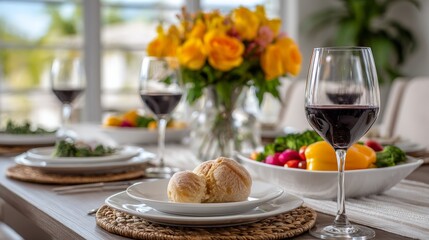Elegant table setting with wine, bread rolls, and fresh vegetables in a bright dining room