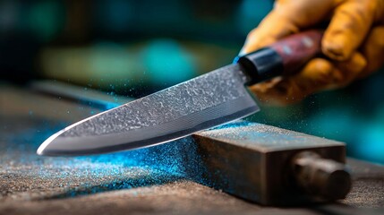 Close-up of a knife blade being sharpened with sparks in a workshop environment
