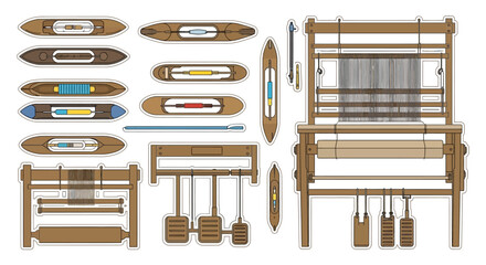 Vector Illustration Set of Wooden Weaving Looms and Shuttles.