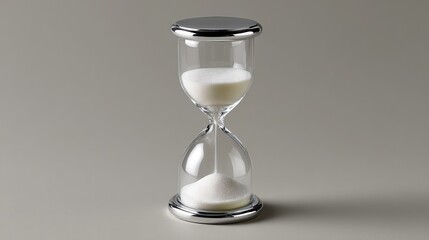 Elegant glass hourglass with flowing white sand against a smooth neutral background