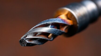 Close-up of a metal drill bit with intricate spiral pattern against a blurred background