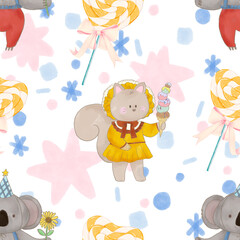 Birthday, Holiday, Anniversary cute animal party seamless pattern Festive decor like celebration sweets, gifts  illustration
