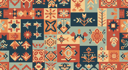 Vibrant seamless pattern of ethnic folk art and tribal motifs.