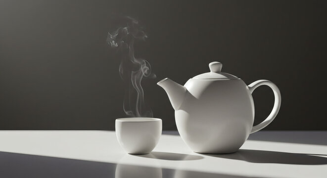 Inviting white teapot steams gently beside a minimalist cup, casting soft shadows in warm sunlight.