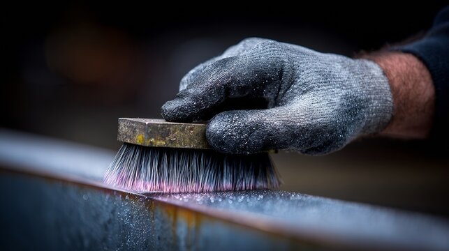 Gloved hand scrubbing a steel surface with a wire brush to clean and polish its texture for industrial purposes