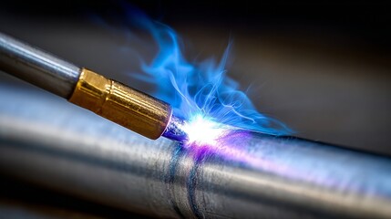 Close-up of a welding torch with blue flame working on a metal pipe in an industrial setting