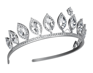  Silver Crystal Tiara with Sparkling Diamonds and Floral Motifs, Angled Side View, Isolated on Transparent Background