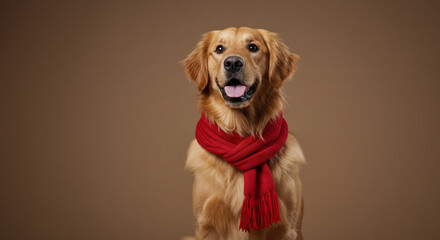 Joyful Golden Retriever dog wearing a festive red scarf, ready for winter fun and holiday cheer.
