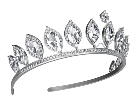  Silver Crystal Tiara with Sparkling Diamonds and Floral Motifs, Angled Side View, Isolated on Transparent Background