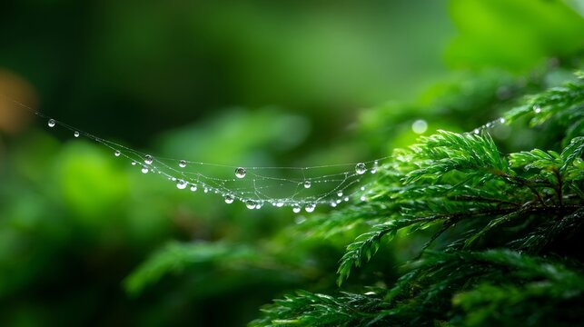 Close-up of delicate water droplets on a spiderweb amidst lush green foliage in a natural environment - Powered by Adobe