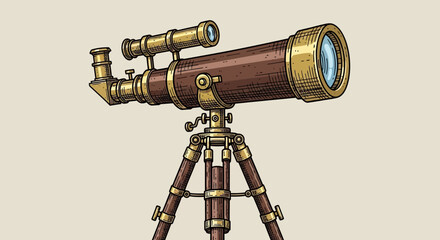 Vintage Telescope on Tripod - A Detailed Illustration of Astronomical Equipment.