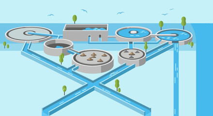 Wastewater Treatment Plant Illustration - Circular Tanks and Water Flow.