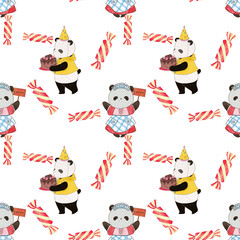 Birthday, Holiday, Anniversary cute animal party seamless pattern Festive decor like celebration sweets, gifts  illustration