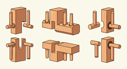 Wooden Japanese Interlocking Puzzle Pieces Displayed in Various Configurations.