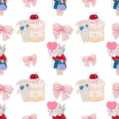 Birthday, Holiday, Anniversary cute animal party seamless pattern Festive decor like celebration sweets, gifts  illustration