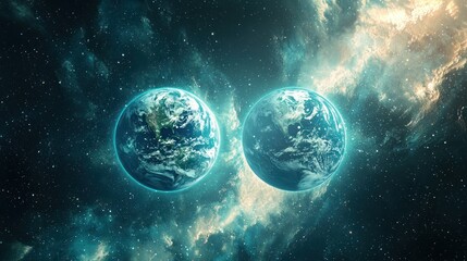 Two blue planets floating in space, with Earth's blue planet on the left and another planet on the right, both with a blue hue and a starry background.
