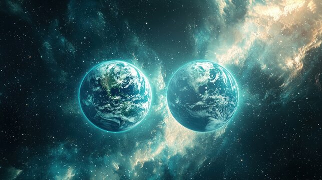 Two blue planets floating in space, with Earth's blue planet on the left and another planet on the right, both with a blue hue and a starry background.