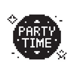 Retro pixel art party time celebration graphic with stars