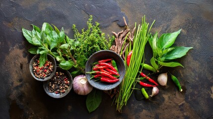 spice. Assortment of fresh Asian ingredients displayed on a rustic stone surface, captured from above. menu design, packaging mockups, designed for culinary blogs and recipe cards for restaurants.